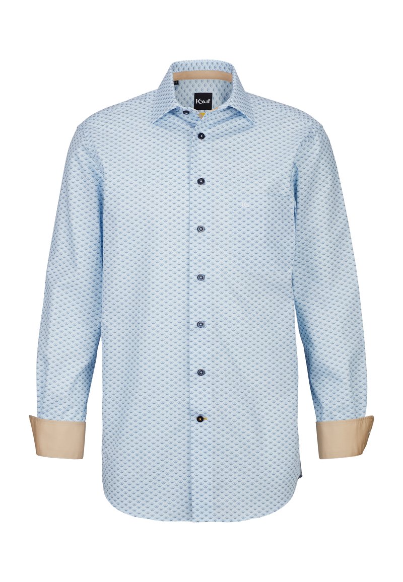 Himmelblaues Langarmhemd mit geometrischem Muster, braunen Knöpfen und kontrastierenden beigen Manschetten. Verfügt über einen klassischen Kragen und eine normale Passform.