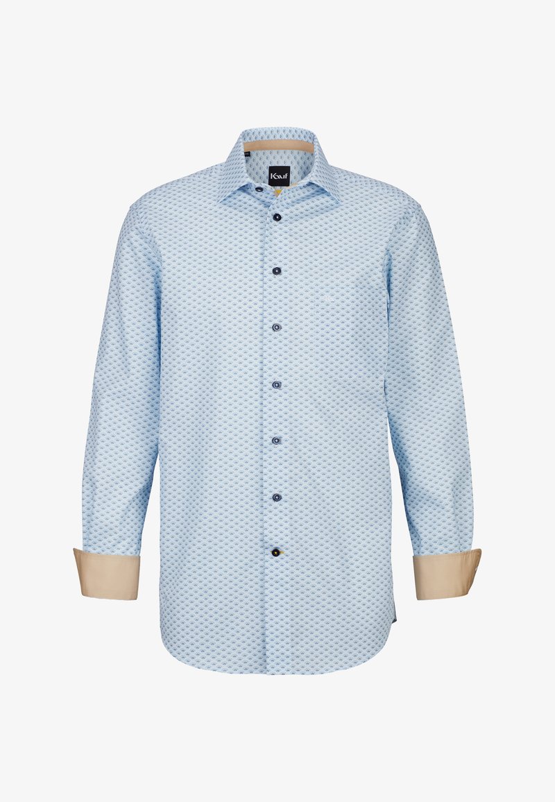 Himmelblaues Langarmhemd mit geometrischem Muster, braunen Knöpfen und kontrastierenden beigen Manschetten. Verfügt über einen klassischen Kragen und eine normale Passform.