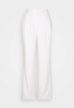 Skräddarsydda vita byxor med en jämn textur, rak ben-design, pressade veck och midjehög midjeband. Inga synliga fickor.