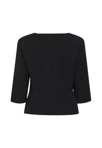 Čierny peplum top s tromi štvrtinovými rukávmi, vyrobený z hladkej tkaniny; má štvorcový výstrih a detaily švov.