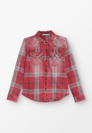 Red and gray plaid shirt with long sleeves, button-up front, two chest pockets, and a classic collar; made of lightweight fabric.