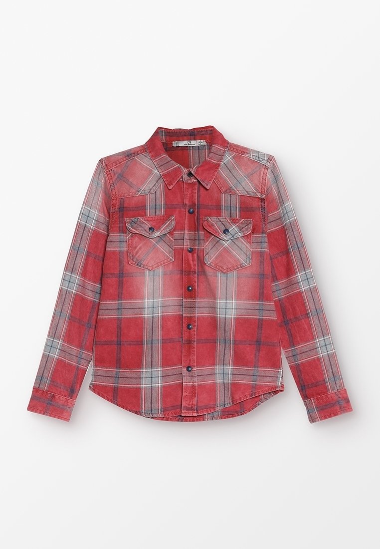 Červeno-šedá kostkovaná košile s dlouhými rukávy, zapínání na knoflíky, dvě náprsní kapsy a klasický límeček; vyrobená z lehkého materiálu.