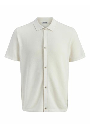 Kurzärmliges, cremefarbenes, strukturiertes Strickhemd mit Knopfleiste vorne und klassischem Kragen, mit Markenetikett im Innenhalsbereich.