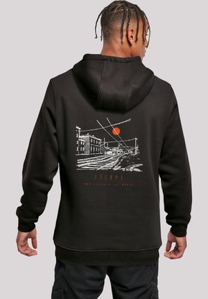 Black hoodie with a front pocket, featuring a graphic design of a sun and urban scene on the back. Made from textured fabric with ribbed cuffs.
