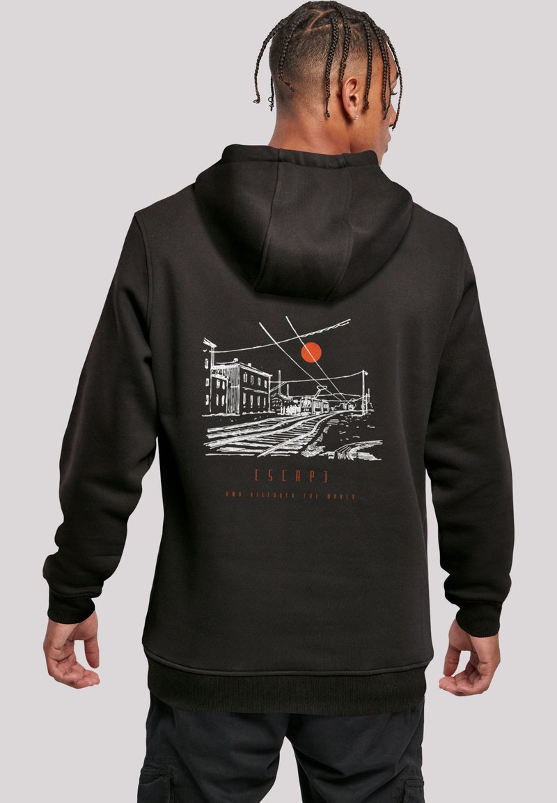 Black hoodie with a front pocket, featuring a graphic design of a sun and urban scene on the back. Made from textured fabric with ribbed cuffs.