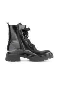 Black patent leather ankle boots with round toe, front laces, side zipper, and chunky rubber sole. Features textured finish and sturdy design.