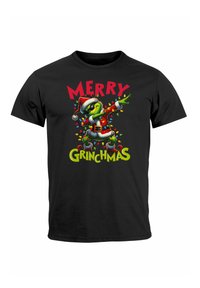 Black cotton t-shirt featuring a colorful Grinch graphic in a Santa outfit with Christmas lights. Text reads "MERRY GRINCHMAS."