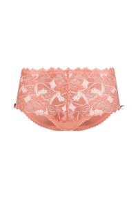 Slip in pizzo di un delicato color pesco, caratterizzato da motivi floreali e bordi scallop. Pannello posteriore liscio con dettagli di rifinitura delicati.