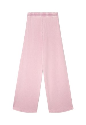 Rosa Hose mit weitem Bein aus weichem Stoff, mit elastischem Bund und glatter Textur, sauber gesäumt und ohne sichtbare Muster.