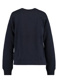 Mörkblå sweatshirt i bomullsmix, med rund hals, långa ärmar och ribbade muddar. Designen på baksidan är enkel och odekorerad.