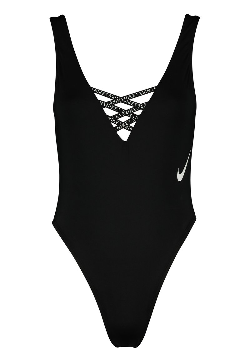 Czarny jednoczęściowy strój kąpielowy z głębokim dekoltem w kształcie V, skrzyżowanymi ramiączkami z logo marki, wysokim wycięciem nóg oraz małym akcentem logo po boku.