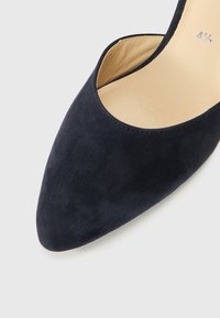 Tumši zila zamšādas augstpapēžu kurpe ar smailu purngalu un atvērtām sānu daļām. Iekšpusē ir brūna āda ar smalkām šuvju detaļām. Nav redzamu metāla detaļu vai rakstu.