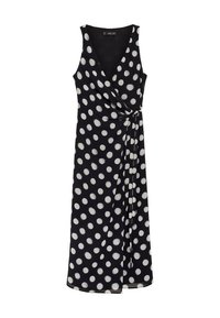 Robe noire sans manches enroulée avec des pois blancs, présentant un décolleté en V, un détail noué à la taille et une texture de tissu fluide.