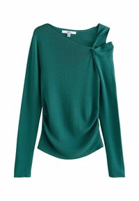 Tricou lung cu mâneci, de culoare teal, dintr-o țesătură ribbed, având un fațadă drapată, un decolteu asimetric cu detaliu nod și o cusătură laterală plisată.