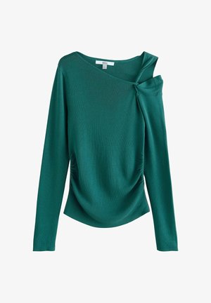 Teal värvi pikas varrukas top, ribatud kangast, millel on volditud esiosa, asümmeetriline kaelus sõlme detailiga ja kogutud külgseam.
