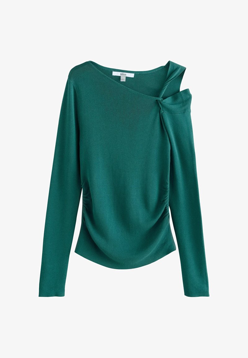 Top lungo a maniche in teal in tessuto a coste, con un davanti drappeggiato, scollatura asimmetrica con un dettaglio a nodo e cuciture laterali gather.