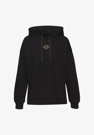 Black hoodie made from soft fabric, featuring a front graphic design, drawstring with gold accents, and ribbed cuffs. Oversized fit.