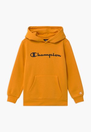 Oranssi huppari, jossa on etupuolella kengurupussi ja musta "Champion"-logo rinnan kohdalla. Ribbitetut hihansuut ja helma.