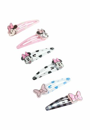 Sechs bunte Metall-Haarspangen mit Minnie-Maus-Gesichtern und Schleifen in Rosa, Schwarz, Weiß, Blau und glitzernden Mustern.