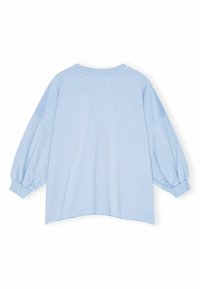 Lichtblauwe oversized sweatshirt met lange, pofmouwen en een ronde halslijn, gemaakt van zacht katoen. Achteraanzicht weergegeven.
