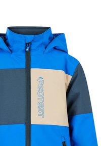Modrá a béžová kapucňová bunda se zipovým zapínáním. Obsahuje design s barevným blokováním a logo na prsou. Hladký, voděodolný materiál.