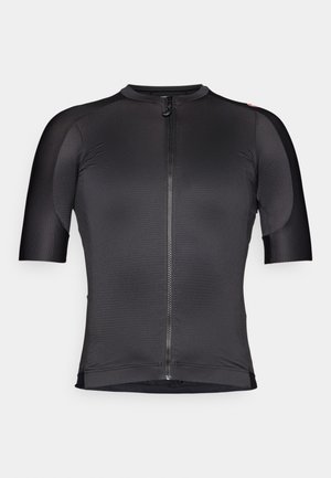 Kortærmet cykeltrøje i sort, lavet af letvægts, tekstureret materiale. Har en frontlynt og et tætsiddende design med kontrasterende detaljer.