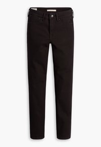 Jeans de denim negro con un corte recto, diseño de cinco bolsillos, trabillas para cinturón y piezas de metal. El material es suave y tiene un ligero brillo.