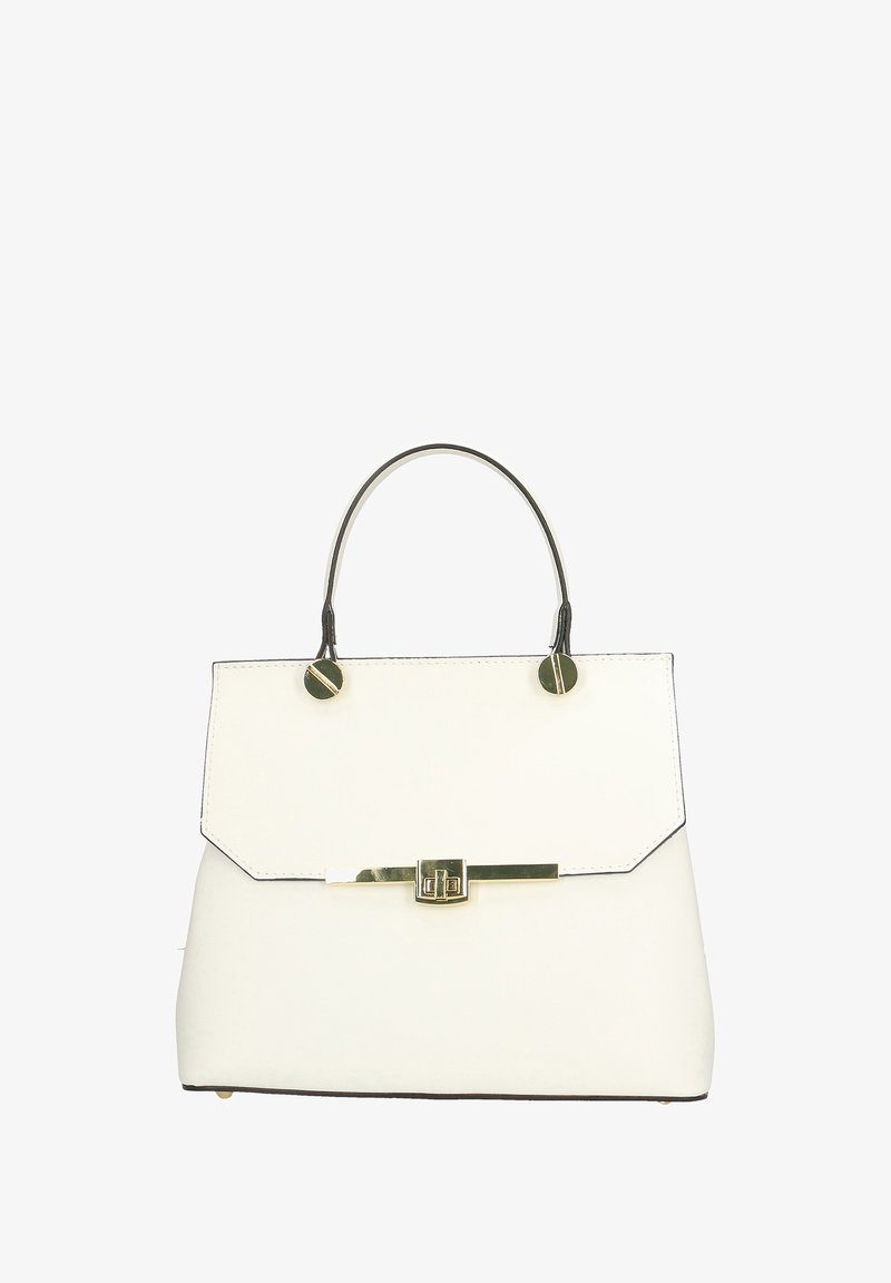 Borsa bianca con un design strutturato, dettagli dorati e un manico superiore. Presenta una chiusura magnetica e lati piatti e inclinati. Tessuto liscio.