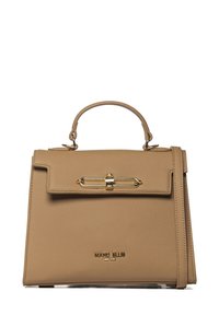 Borsa a tracolla in pelle marrone sabbia con manico superiore, una tracolla rimovibile e dettagli in metallo dorato che accentuano la chiusura a soffietto e il logo.