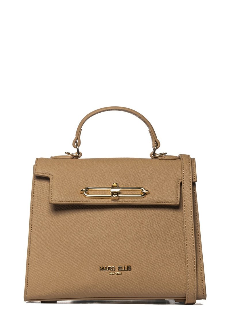 Borsa a tracolla in pelle marrone sabbia con manico superiore, una tracolla rimovibile e dettagli in metallo dorato che accentuano la chiusura a soffietto e il logo.