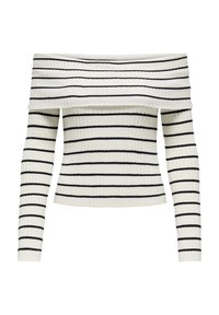 Kremowy sweter obniżony na ramiona z czarnymi poziomymi paskami. Charakteryzuje się prążkowaną fakturą, długimi rękawami i dopasowanym krojem.