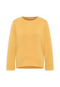 Gelber Langarm-Pullover mit Rundhalsausschnitt und umgeschlagenen Bündchen, ausgestattet mit Raglanärmeln und einem leicht abgerundeten Saum.