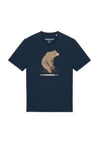 Marineblaues Baumwoll-T-Shirt mit einer Bärenillustration, der auf einem roten Fahrrad fährt. Mit Rundhalsausschnitt und kurzen Ärmeln. Glatte Textur.