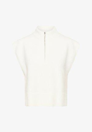 Balta rankovių megzta liemenė su aukšta raukšlėta apykakle ir priekyje esanti užtrauktuku su perlų formos traukikliu.