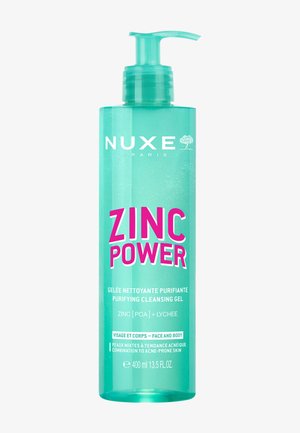 Botella de gel limpiador purificante NUXE Zinc Power con dosificador de bomba para cara y cuerpo, 400 ml, para piel mixta a propensa al acné.