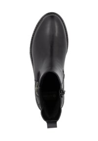 Black leather ankle boot featuring a rounded toe, elastic side panel, rear pull tab, and a textured outsole for grip.