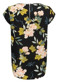 Robe fleurie avec une base noire, présentant des fleurs roses et jaunes, des feuilles vertes, des manches courtes et un détail de fermeture éclair au dos.