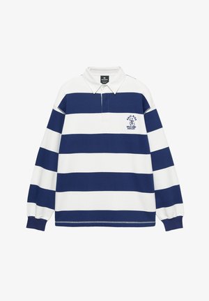 Pitkähihainen rugby-paita, jossa leveät tummansiniset ja valkoiset vaakaraitaset, valkoinen kaulus ja pieni tummansininen "Race Ride Wild Card Maryland" -logo rinnassa.