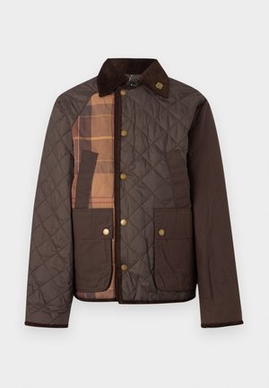 Brown quilted jacket with corduroy collar, snap buttons, two flap pockets, and a beige and brown plaid panel on the left front side.