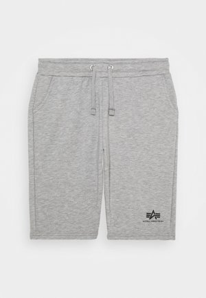 Graue Sweatshorts aus weichem Stoff, mit einem elastischen Bund und Zugband, seitlichen Taschen und einem schwarzen Logo unten links.