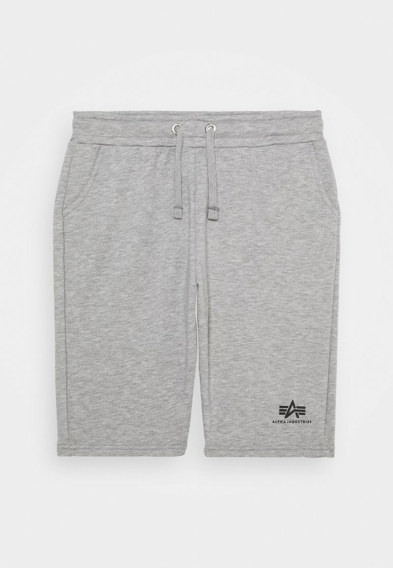 Pelēki sporta šorti, kas izgatavoti no mīkstas auduma, ar elastīgu jostasvietu un aukliņu, sānu kabatām un melnu logotipu apakšējā kreisajā stūrī.