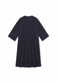 Navyblaues Kleid aus leichtem Stoff, mit lockerer Passform, Dreiviertelärmeln und dekorativer Stickerei an den Ärmeln und dem Saum.