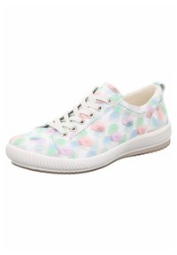 Schnürsneaker mit weißem Grund und einem mehrfarbigen kreisförmigen Muster. Aus synthetischem Material gefertigt, mit einer strukturierten Sohle für besseren Halt.