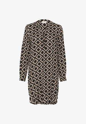 Zwarte lange mouw jurk met een patroonontwerp van beige en witte geometrische diamanten. Zachte stof, V-hals en losse pasvorm.