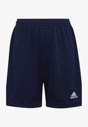 Granatowe szorty sportowe wykonane z lekkiego materiału. Elastyczny pas bez sznurków. Na boku małe białe logo Adidas.