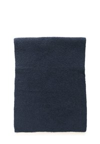 Knitted navy blue scarf with a textured finish. The bottom edge features a light-colored, soft accent. Rectangular shape, no visible patterns.