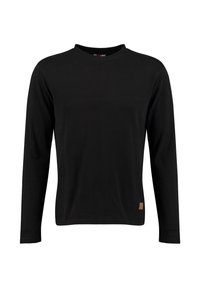 Schwarzes Langarm-T-Shirt aus Baumwolle, mit Rundhalsausschnitt, tailliertem Schnitt und einem kleinen hellbraunen Etikett an der unteren linken Seite.