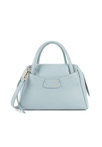 Borsa a mano in pelle blu chiaro con forma strutturata, doppi manici, hardware in oro e chiusura con zip. Presenta un dettaglio logo sul davanti.