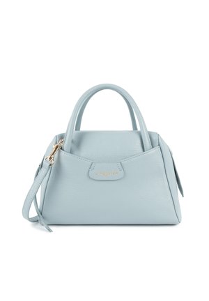 Borsa a mano in pelle blu chiaro con forma strutturata, doppi manici, hardware in oro e chiusura con zip. Presenta un dettaglio logo sul davanti.