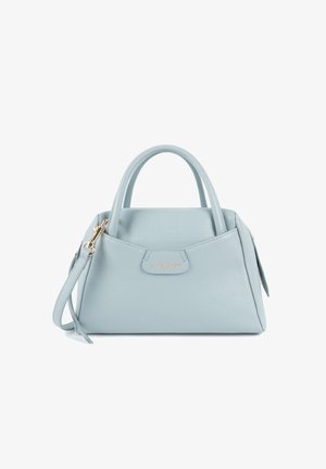 Borsa a mano in pelle blu chiaro con forma strutturata, doppi manici, hardware in oro e chiusura con zip. Presenta un dettaglio logo sul davanti.